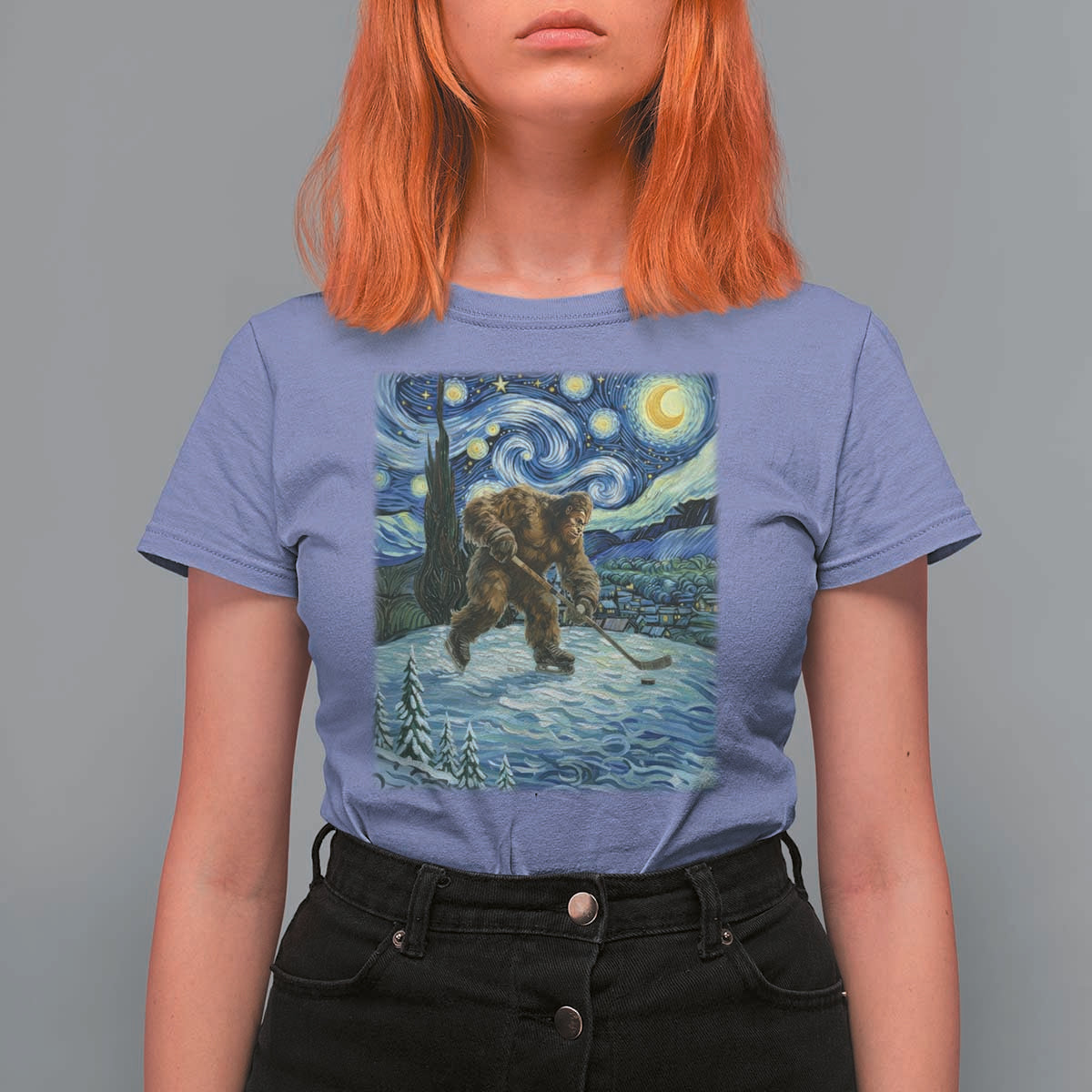 Cryptid Hockey Bigfoot Starry Night Inspired Funny Gift T Shirt For Women - Wonder Print Shop