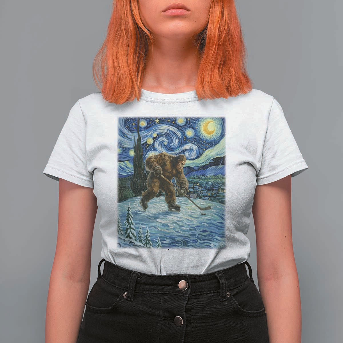Cryptid Hockey Bigfoot Starry Night Inspired Funny Gift T Shirt For Women - Wonder Print Shop