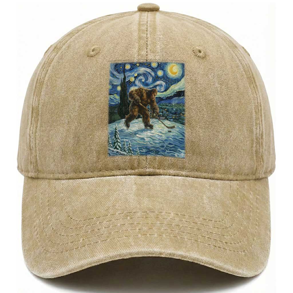 Cryptid Hockey Bigfoot Starry Night Inspired Funny Gift Washed Cotton Baseball Cap