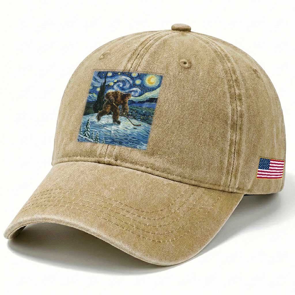 Cryptid Hockey Bigfoot Starry Night Inspired Funny Gift Washed Cotton Baseball Cap