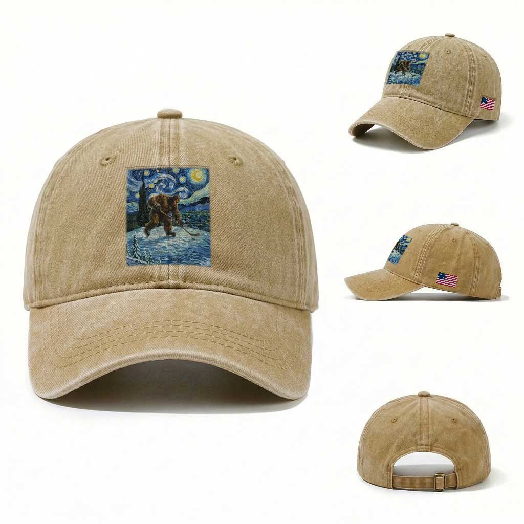 Cryptid Hockey Bigfoot Starry Night Inspired Funny Gift Washed Cotton Baseball Cap