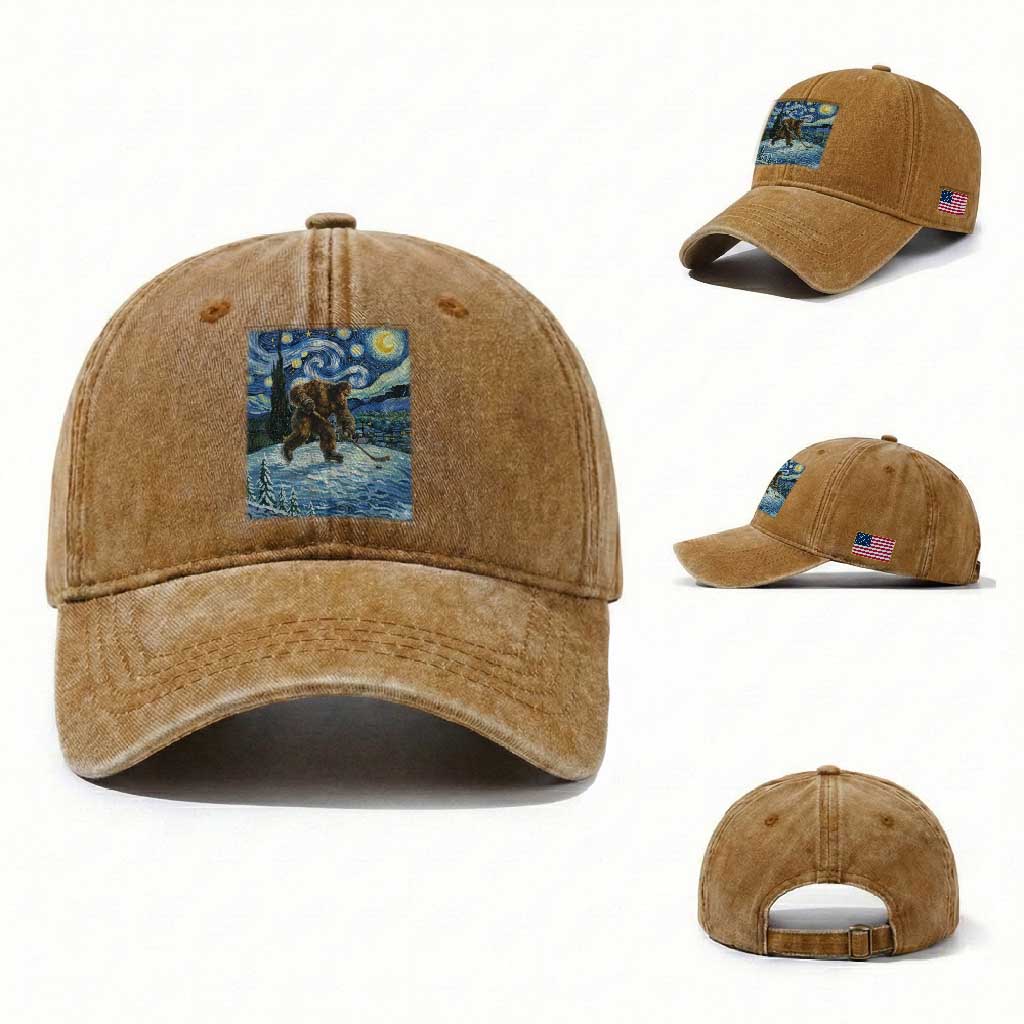 Cryptid Hockey Bigfoot Starry Night Inspired Funny Gift Washed Cotton Baseball Cap