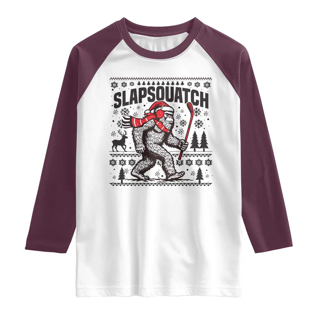 Slapsquatch Hockey Player Raglan Shirt Funny Bigfoot Ugly Christmas Gift - Wonder Print Shop