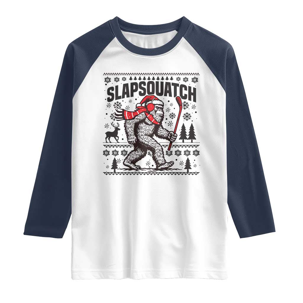 Slapsquatch Hockey Player Raglan Shirt Funny Bigfoot Ugly Christmas Gift - Wonder Print Shop
