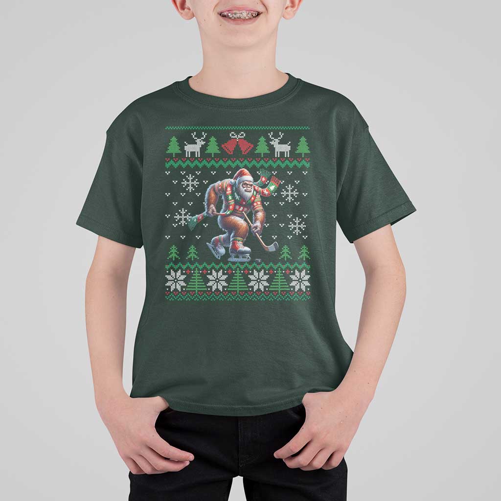 Ugly Christmas Bigfoot Playing Hockey T Shirt For Kid Funny Xmas Gift - Wonder Print Shop