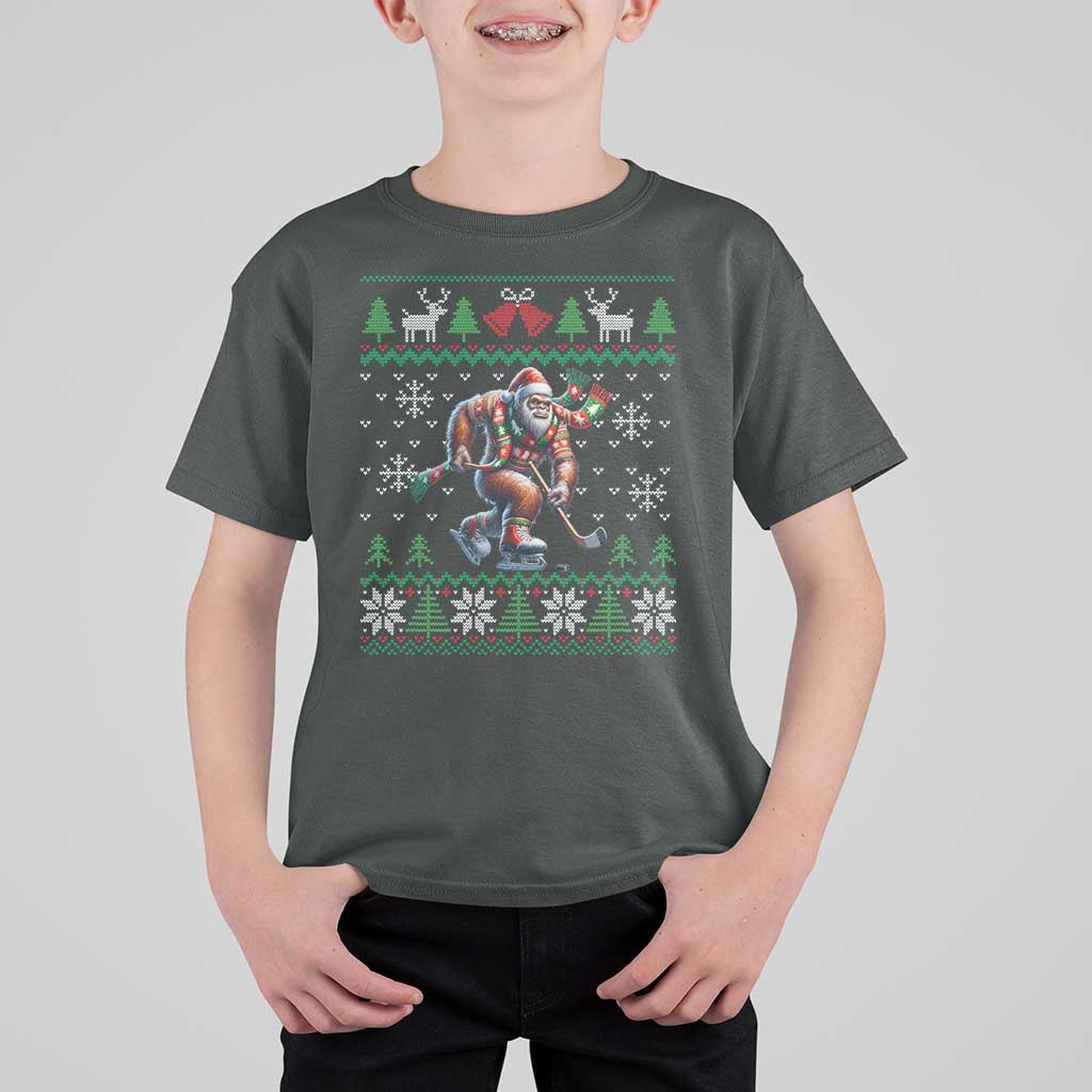 Ugly Christmas Bigfoot Playing Hockey T Shirt For Kid Funny Xmas Gift - Wonder Print Shop