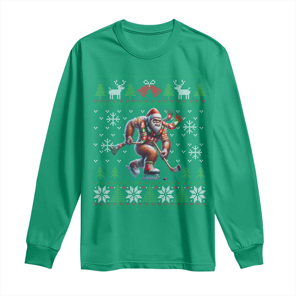 Ugly Christmas Bigfoot Playing Hockey Long Sleeve Shirt Funny Xmas Gift - Wonder Print Shop