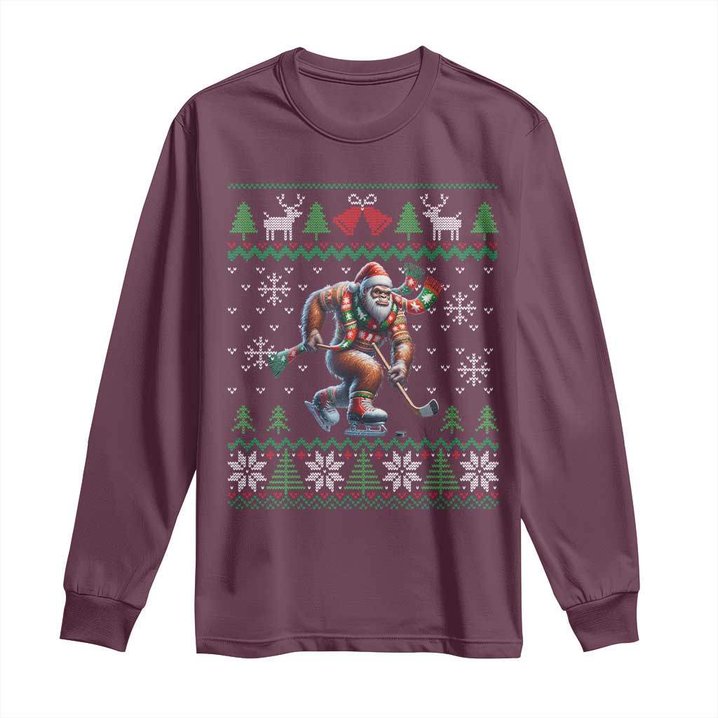 Ugly Christmas Bigfoot Playing Hockey Long Sleeve Shirt Funny Xmas Gift - Wonder Print Shop