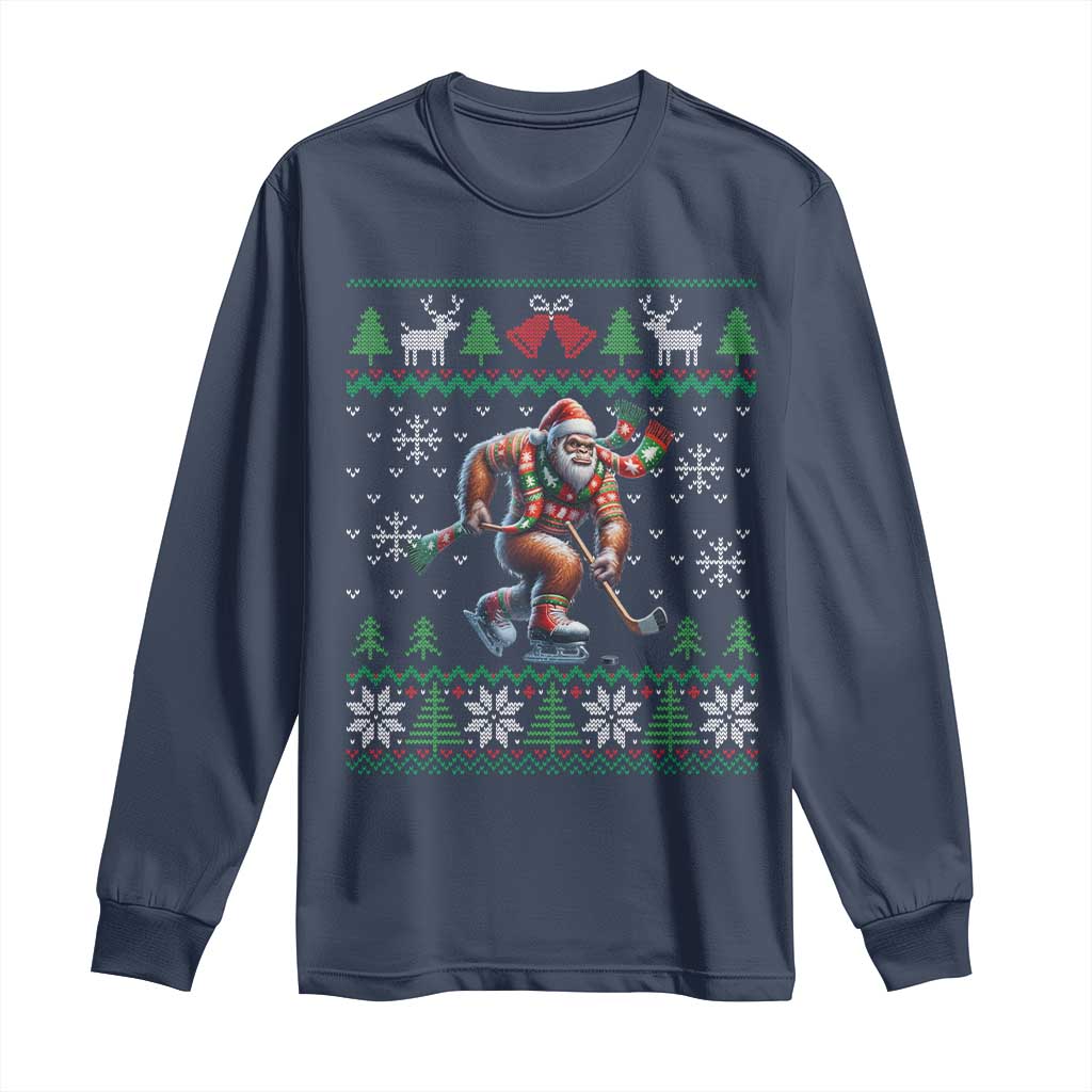 Ugly Christmas Bigfoot Playing Hockey Long Sleeve Shirt Funny Xmas Gift - Wonder Print Shop