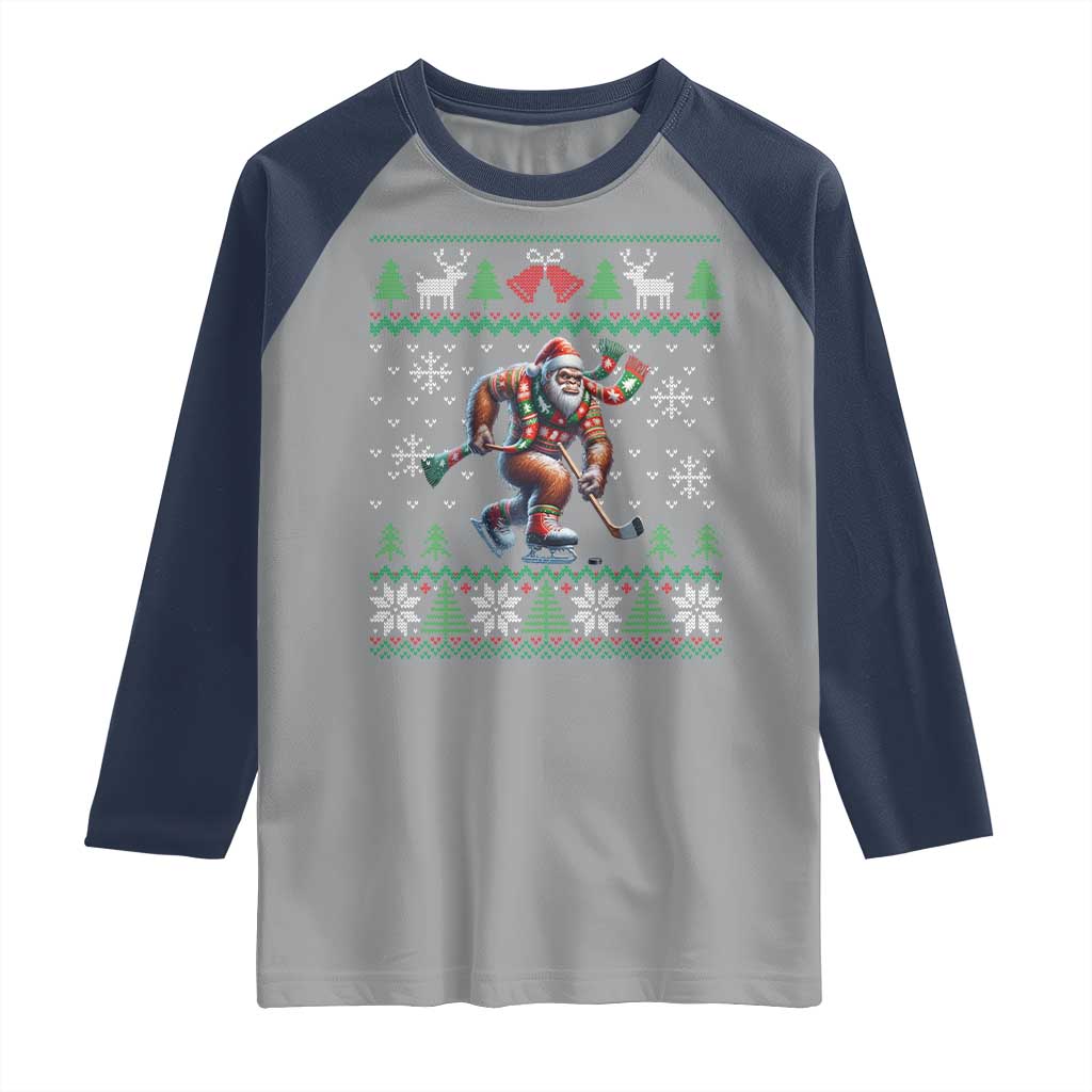 Ugly Christmas Bigfoot Playing Hockey Raglan Shirt Funny Xmas Gift - Wonder Print Shop