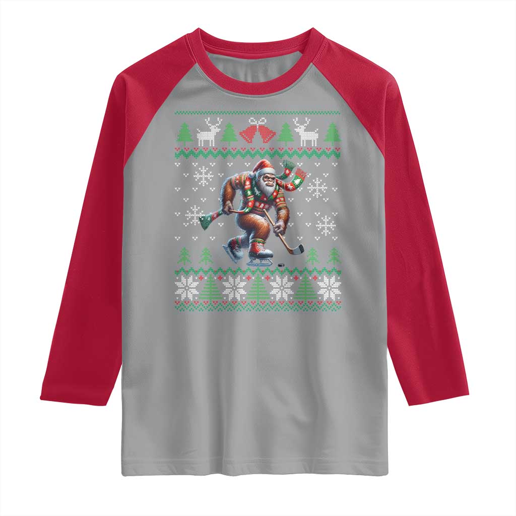 Ugly Christmas Bigfoot Playing Hockey Raglan Shirt Funny Xmas Gift - Wonder Print Shop