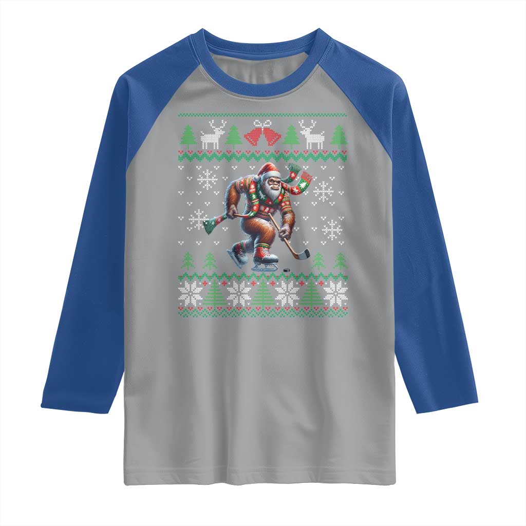 Ugly Christmas Bigfoot Playing Hockey Raglan Shirt Funny Xmas Gift - Wonder Print Shop