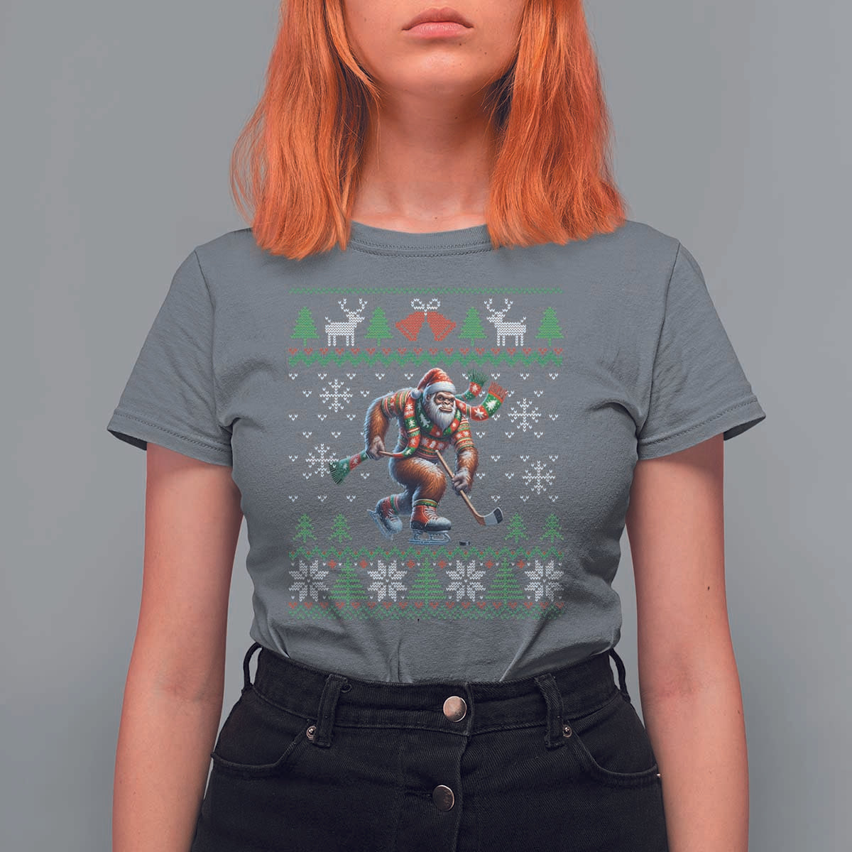 Ugly Christmas Bigfoot Playing Hockey T Shirt For Women Funny Xmas Gift - Wonder Print Shop