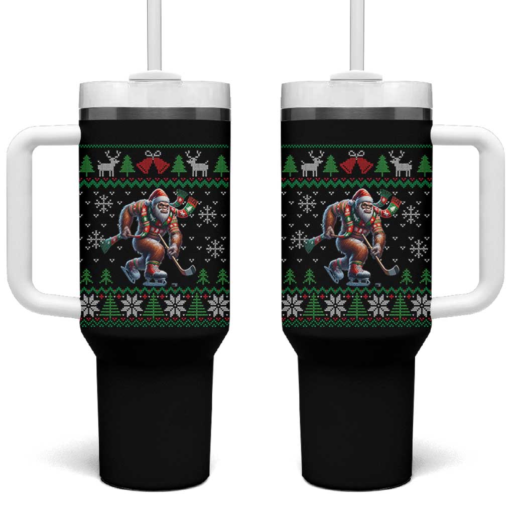 Ugly Christmas Bigfoot Playing Hockey Tumbler With Handle Funny Xmas Gift - Wonder Print Shop
