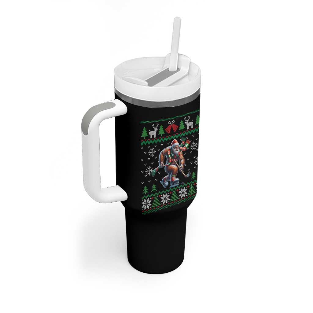 Ugly Christmas Bigfoot Playing Hockey Tumbler With Handle Funny Xmas Gift - Wonder Print Shop