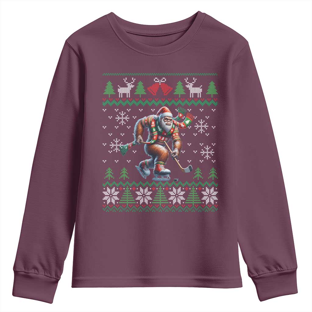 Ugly Christmas Bigfoot Playing Hockey Youth Sweatshirt Funny Xmas Gift - Wonder Print Shop
