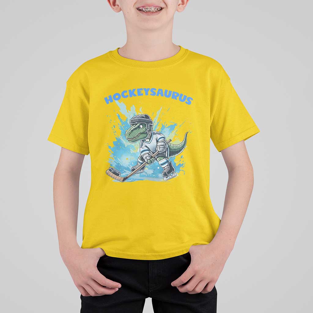 Hockeysaurus T Shirt For Kid Funny Dinosaur Playing Ice Hockey Gift - Wonder Print Shop