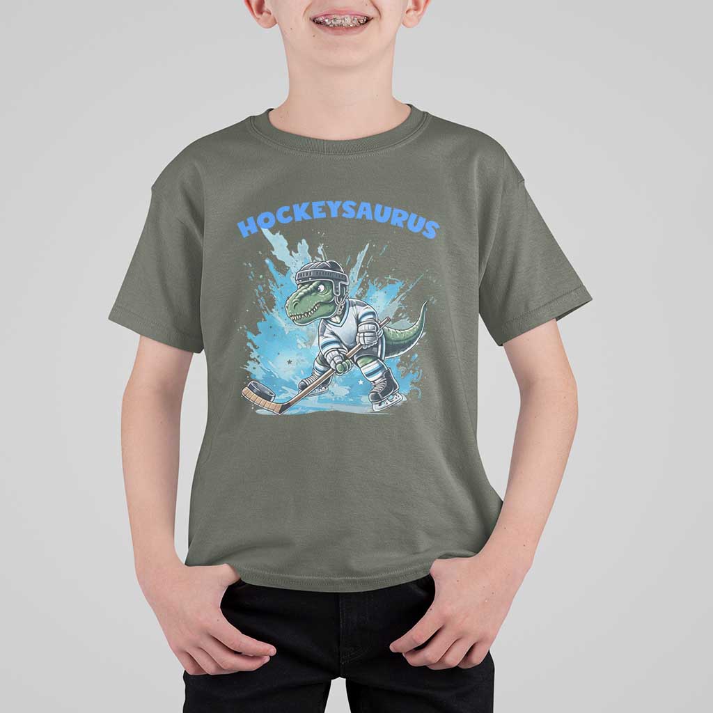 Hockeysaurus T Shirt For Kid Funny Dinosaur Playing Ice Hockey Gift - Wonder Print Shop