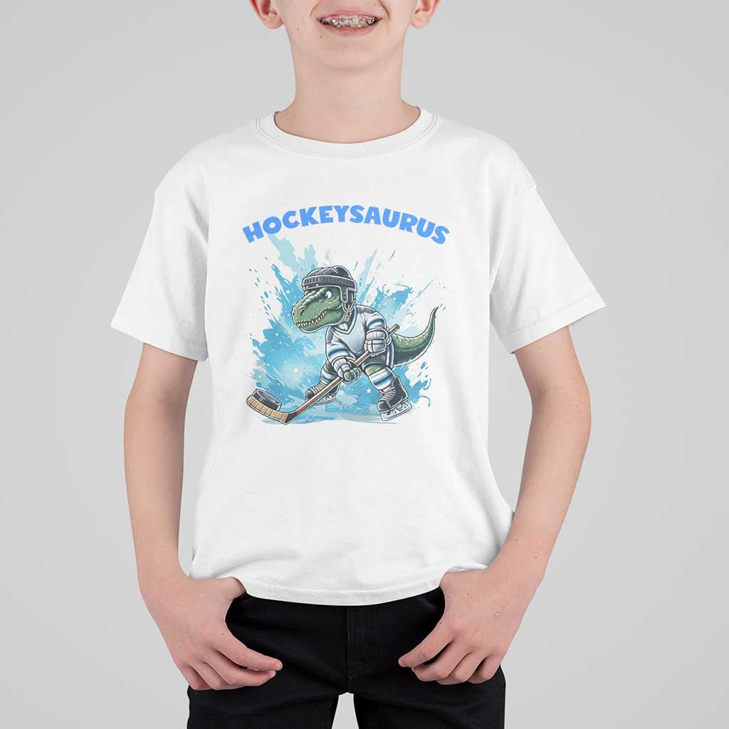 Hockeysaurus T Shirt For Kid Funny Dinosaur Playing Ice Hockey Gift - Wonder Print Shop