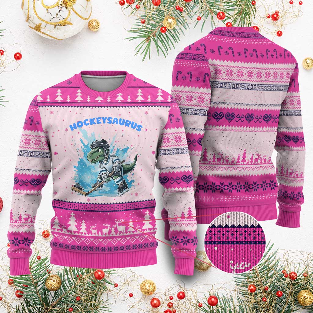 Hockeysaurus Ugly Christmas Sweater Funny Dinosaur Playing Ice Hockey Gift - Wonder Print Shop