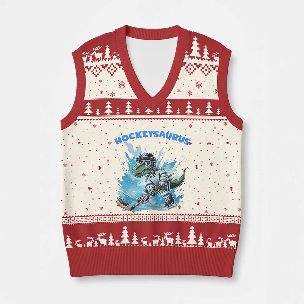 Hockeysaurus V-Neck Knit Sweater Vest Funny Dinosaur Playing Ice Hockey Gift - Wonder Print Shop