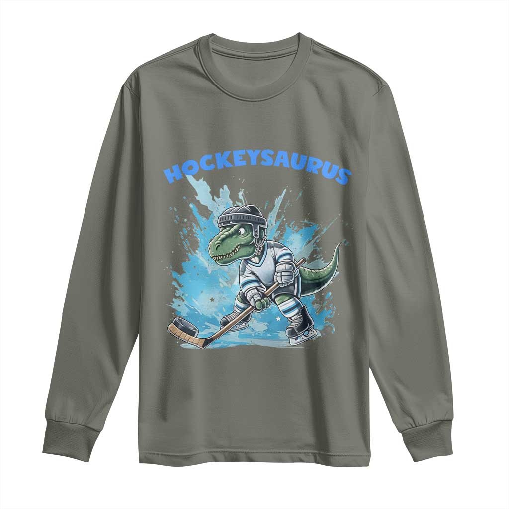 Hockeysaurus Long Sleeve Shirt Funny Dinosaur Playing Ice Hockey Gift - Wonder Print Shop