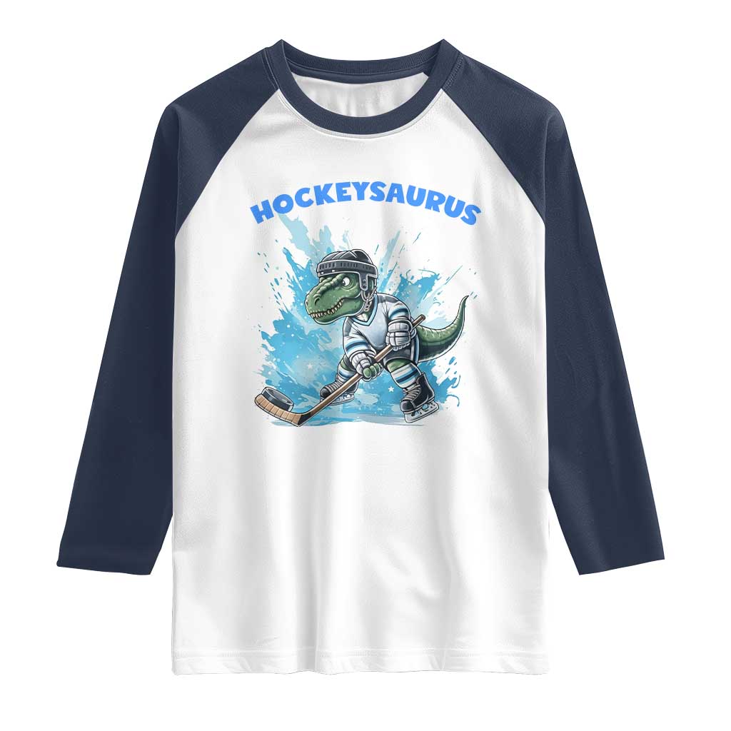 Hockeysaurus Raglan Shirt Funny Dinosaur Playing Ice Hockey Gift - Wonder Print Shop