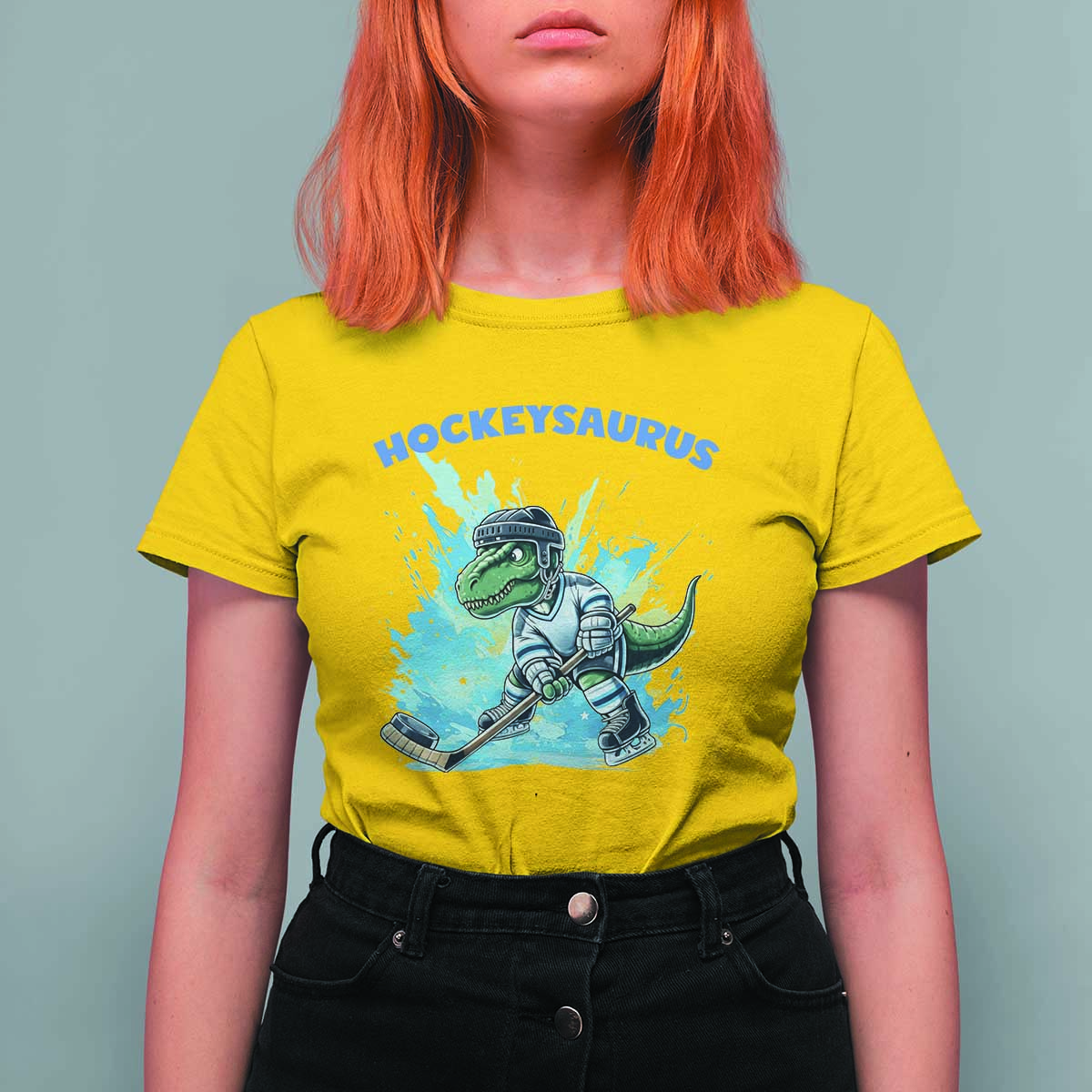 Hockeysaurus T Shirt For Women Funny Dinosaur Playing Ice Hockey Gift - Wonder Print Shop
