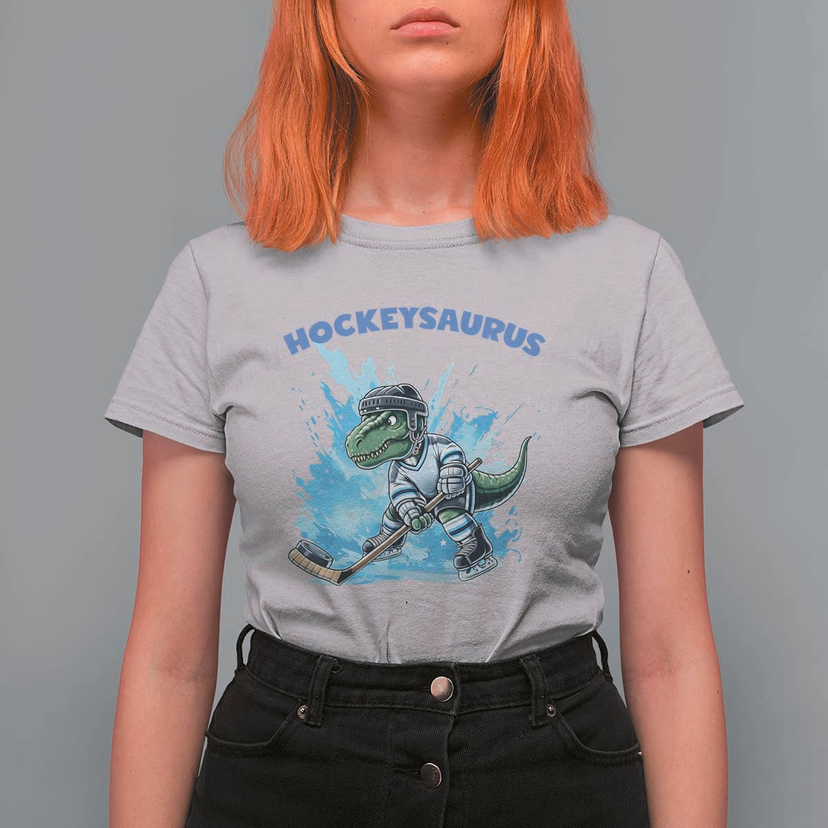 Hockeysaurus T Shirt For Women Funny Dinosaur Playing Ice Hockey Gift - Wonder Print Shop