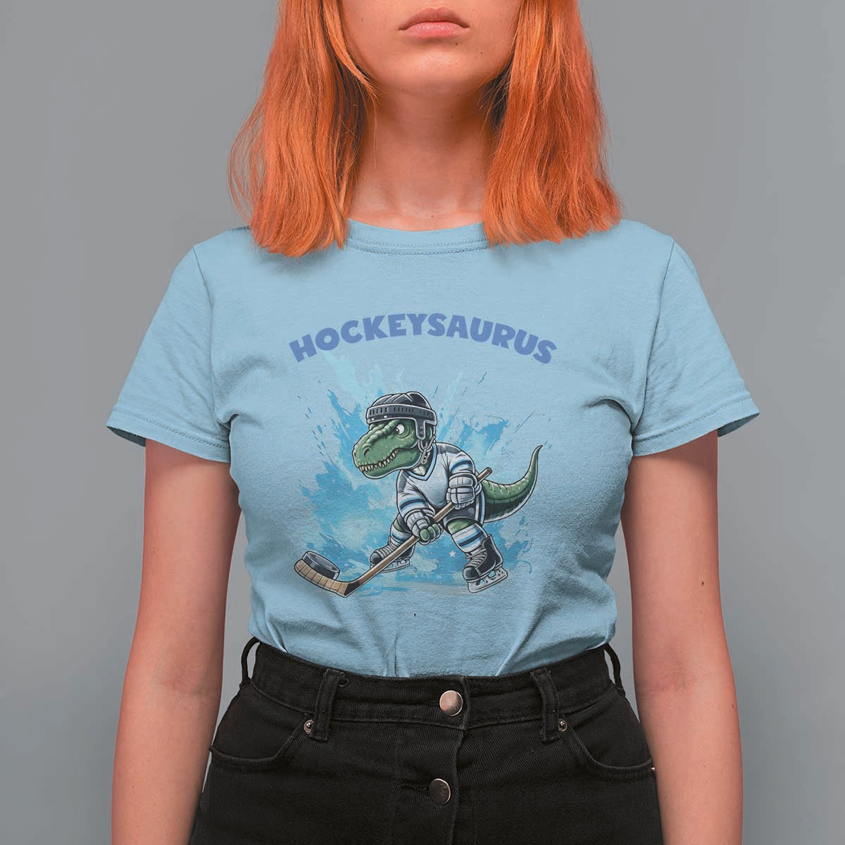 Hockeysaurus T Shirt For Women Funny Dinosaur Playing Ice Hockey Gift - Wonder Print Shop