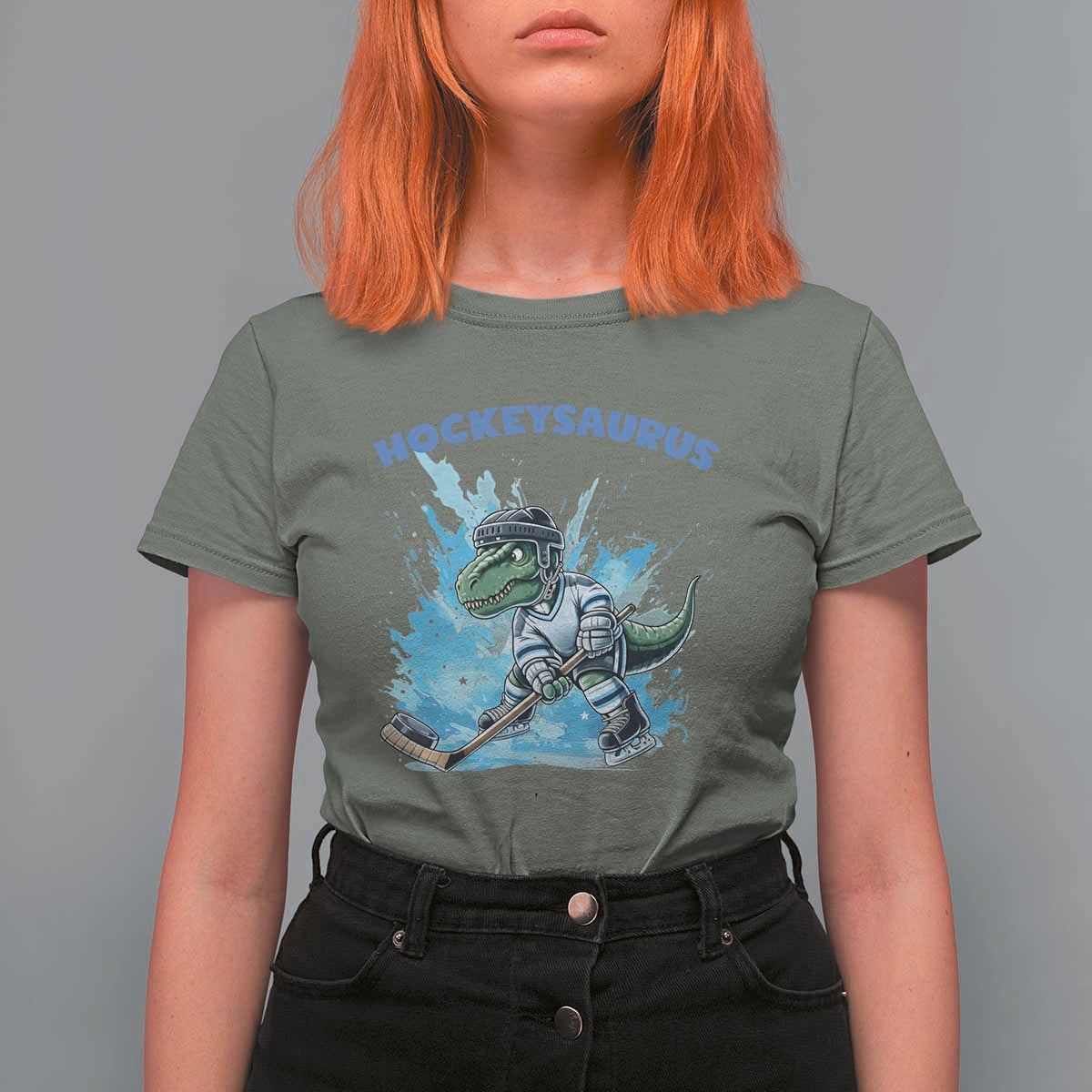 Hockeysaurus T Shirt For Women Funny Dinosaur Playing Ice Hockey Gift - Wonder Print Shop