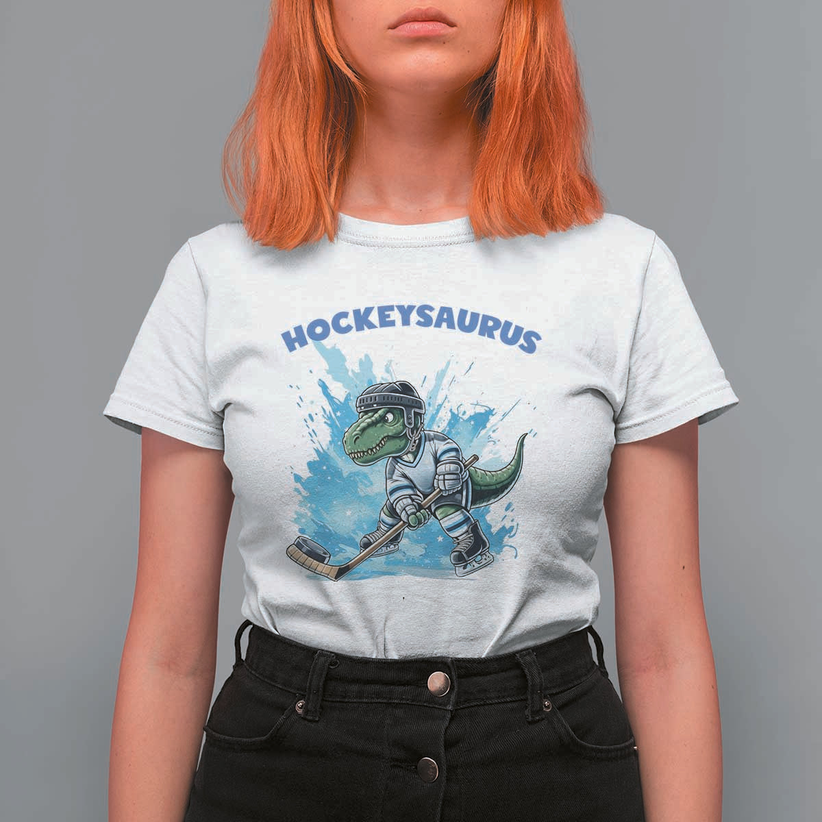 Hockeysaurus T Shirt For Women Funny Dinosaur Playing Ice Hockey Gift - Wonder Print Shop