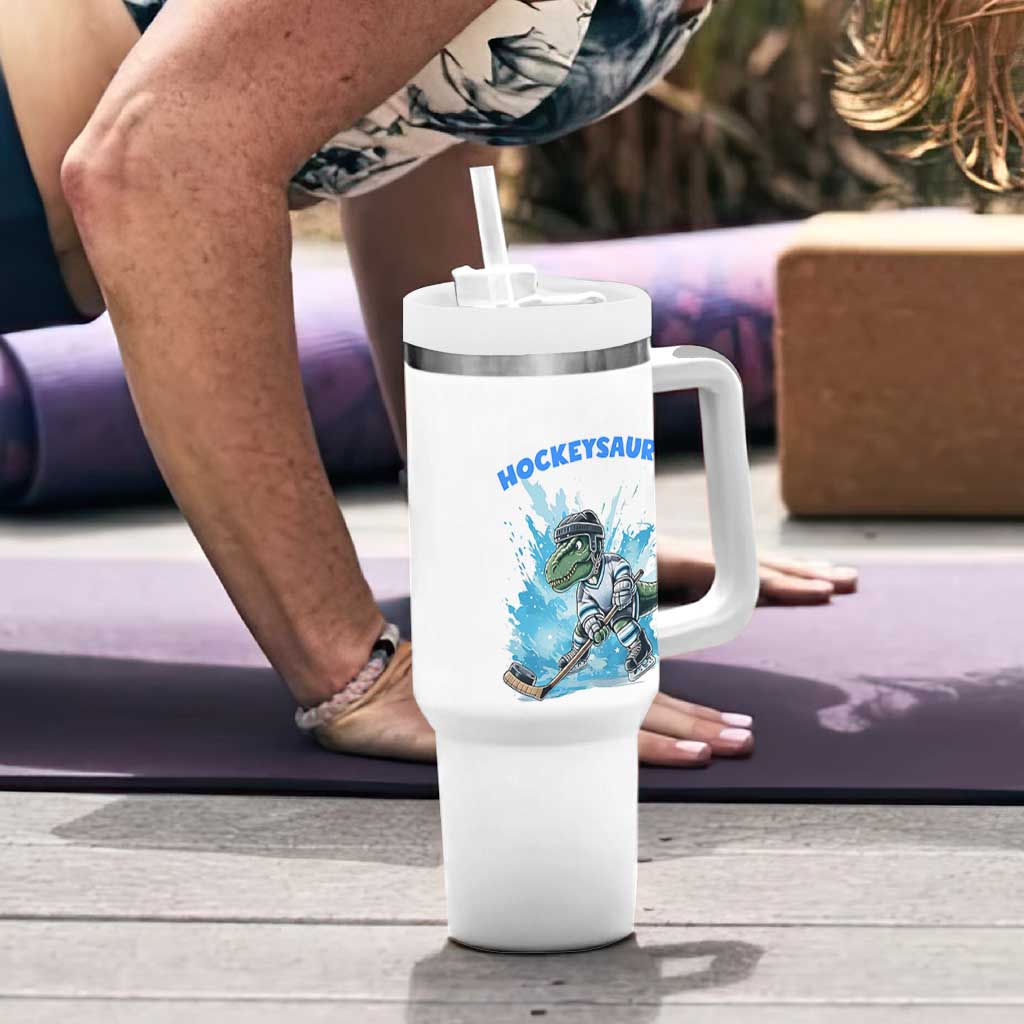 Hockeysaurus Tumbler With Handle Funny Dinosaur Playing Ice Hockey Gift - Wonder Print Shop