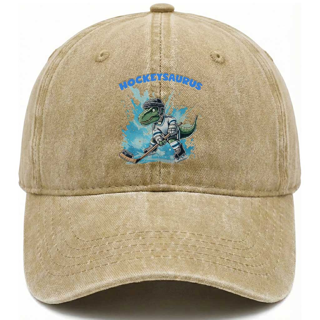 Hockeysaurus Washed Cotton Baseball Cap Funny Dinosaur Playing Ice Hockey Gift
