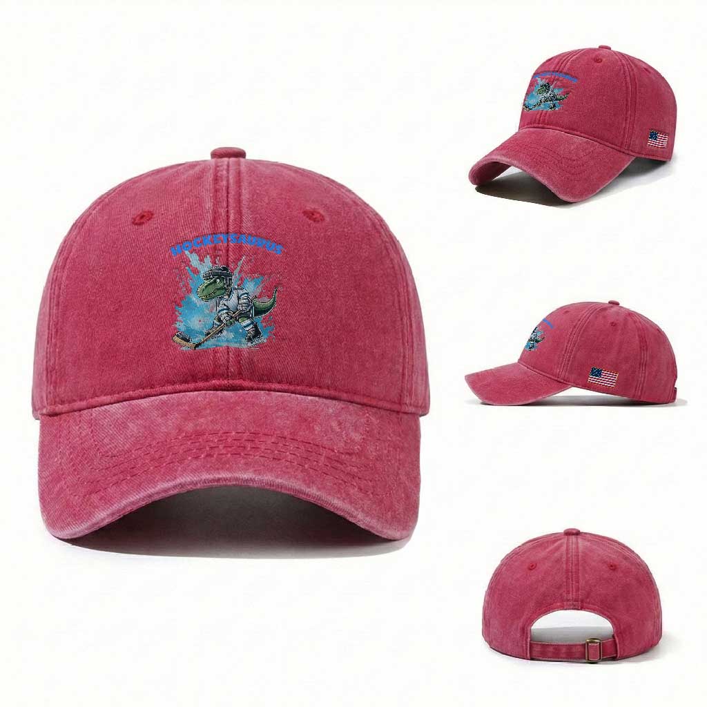 Hockeysaurus Washed Cotton Baseball Cap Funny Dinosaur Playing Ice Hockey Gift