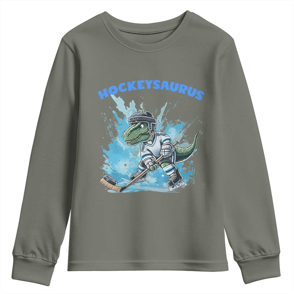Hockeysaurus Youth Sweatshirt Funny Dinosaur Playing Ice Hockey Gift - Wonder Print Shop