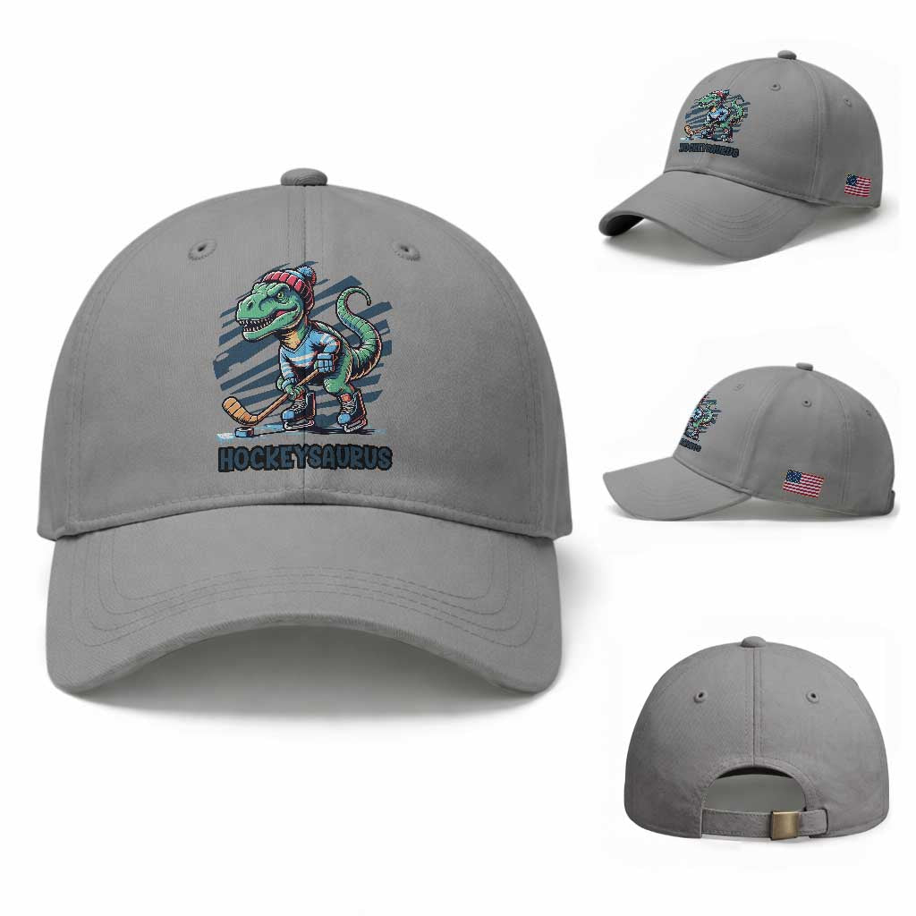 Funny Dinosaur Playing Ice Hockey Baseball Cap Hockeysaurus Gift For Kids