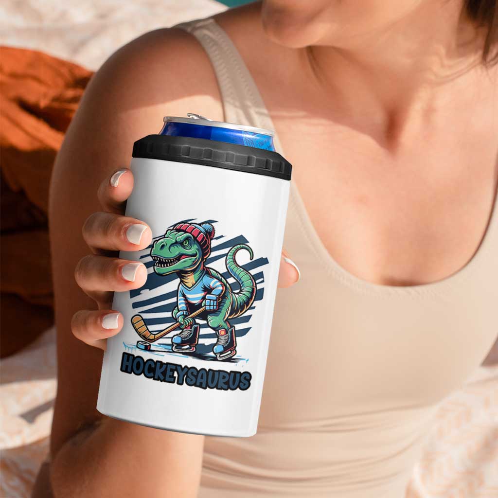 Funny Dinosaur Playing Ice Hockey 4 in 1 Can Cooler Tumbler Hockeysaurus Gift For Kids - Wonder Print Shop