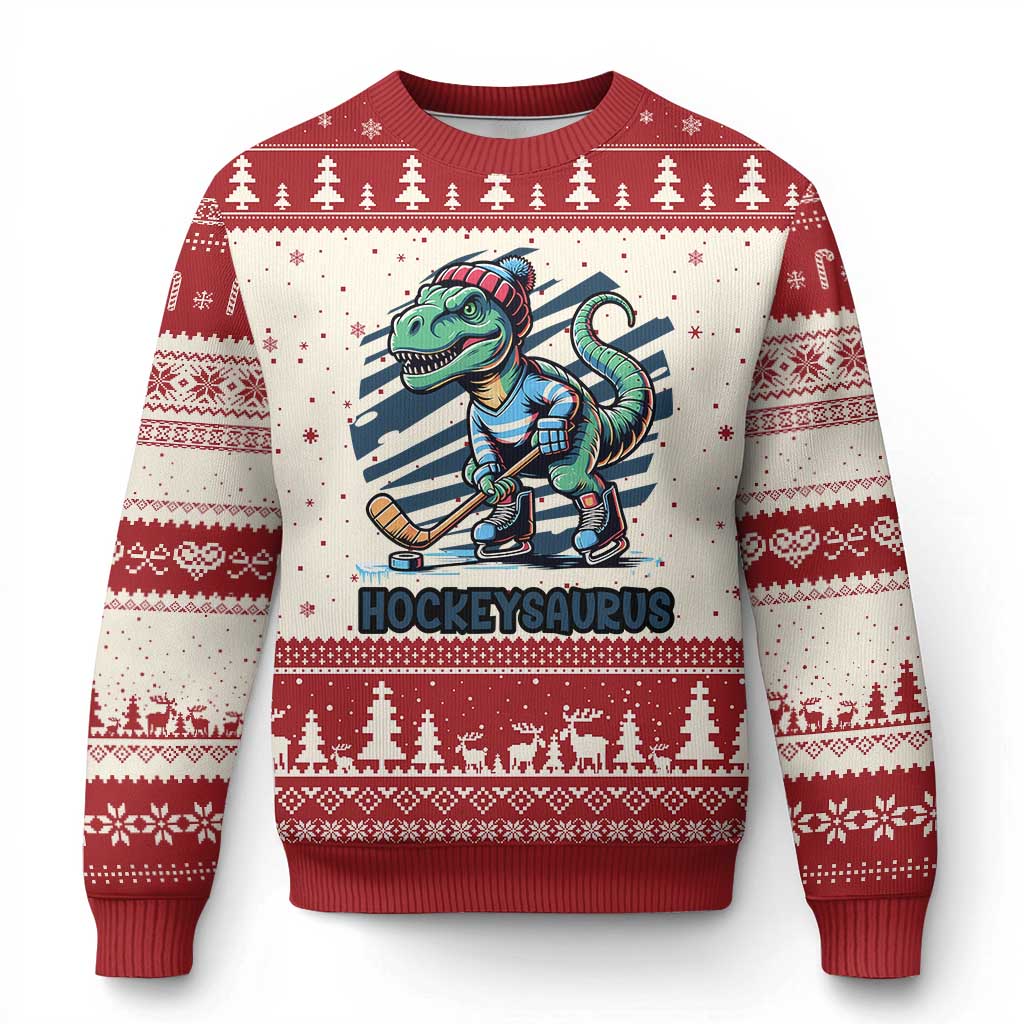 Funny Dinosaur Playing Ice Hockey Ugly Christmas Sweater Hockeysaurus Gift For Kids - Wonder Print Shop