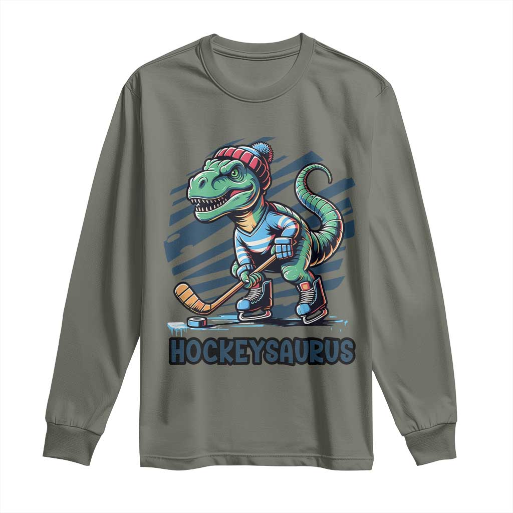 Funny Dinosaur Playing Ice Hockey Long Sleeve Shirt Hockeysaurus Gift For Kids - Wonder Print Shop