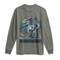 Funny Dinosaur Playing Ice Hockey Long Sleeve Shirt Hockeysaurus Gift For Kids - Wonder Print Shop