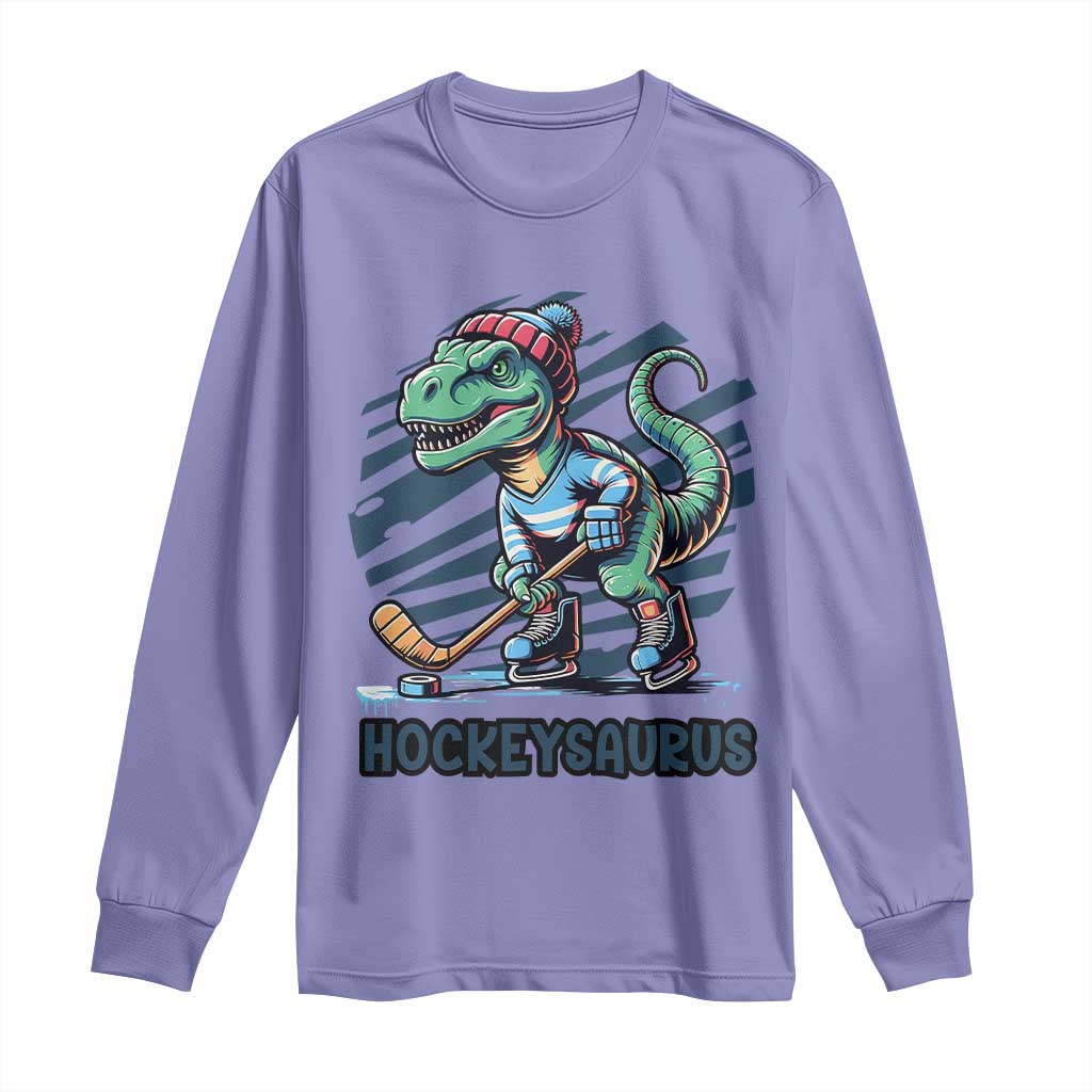 Funny Dinosaur Playing Ice Hockey Long Sleeve Shirt Hockeysaurus Gift For Kids - Wonder Print Shop