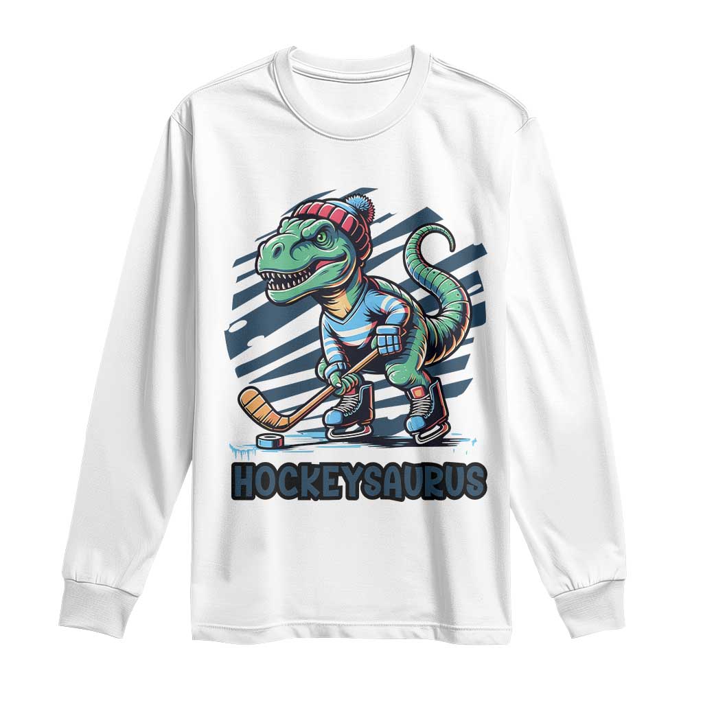 Funny Dinosaur Playing Ice Hockey Long Sleeve Shirt Hockeysaurus Gift For Kids - Wonder Print Shop