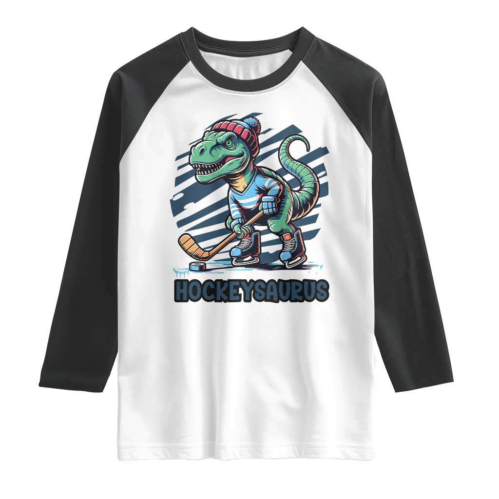 Funny Dinosaur Playing Ice Hockey Raglan Shirt Hockeysaurus Gift For Kids - Wonder Print Shop