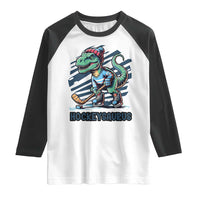 Funny Dinosaur Playing Ice Hockey Raglan Shirt Hockeysaurus Gift For Kids - Wonder Print Shop