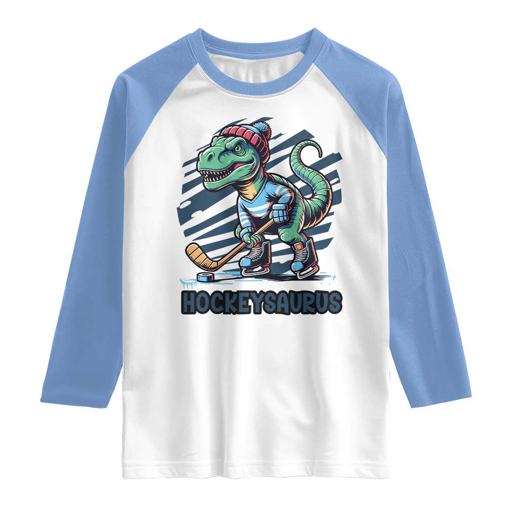 Funny Dinosaur Playing Ice Hockey Raglan Shirt Hockeysaurus Gift For Kids - Wonder Print Shop