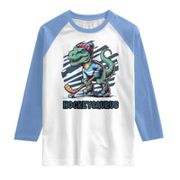 Funny Dinosaur Playing Ice Hockey Raglan Shirt Hockeysaurus Gift For Kids - Wonder Print Shop
