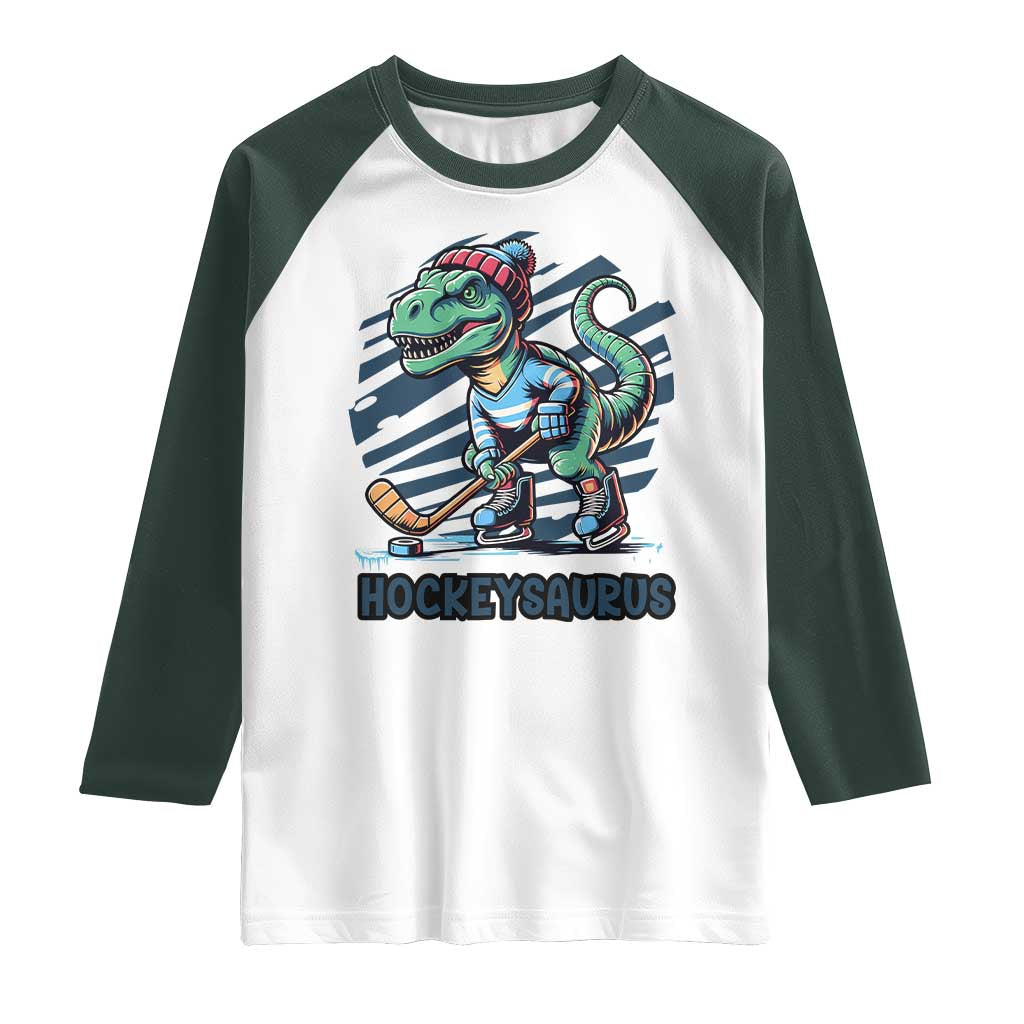 Funny Dinosaur Playing Ice Hockey Raglan Shirt Hockeysaurus Gift For Kids - Wonder Print Shop