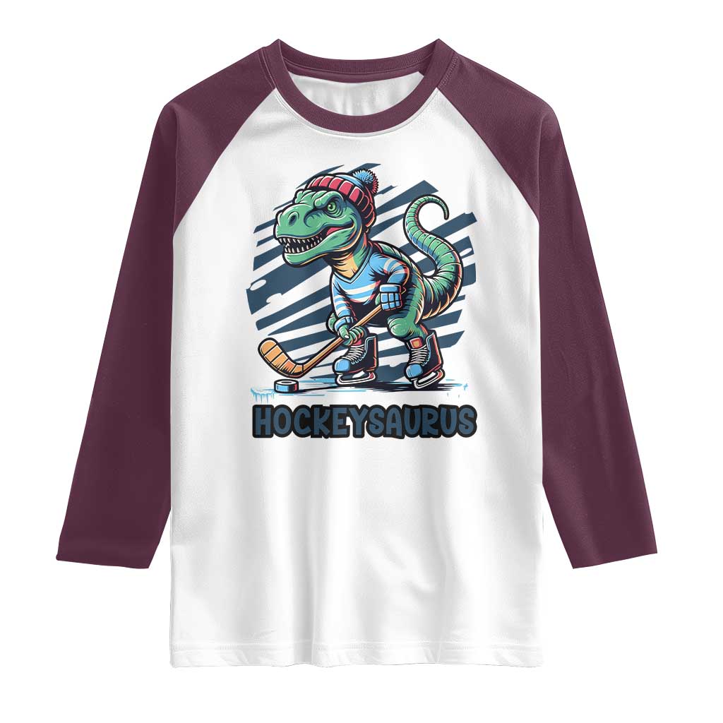 Funny Dinosaur Playing Ice Hockey Raglan Shirt Hockeysaurus Gift For Kids - Wonder Print Shop