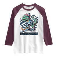 Funny Dinosaur Playing Ice Hockey Raglan Shirt Hockeysaurus Gift For Kids - Wonder Print Shop